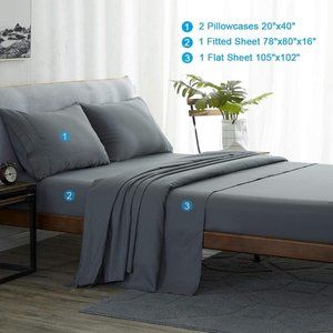 New King Size Dark Grey Microfiber Bed Sheets Set 4 Piece with Fluffy Soft King